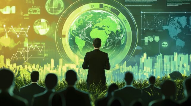 A corporate leader addressing employees about the importance of reducing carbon footprints, with key sustainability metrics and goals displayed on a digital board in the background