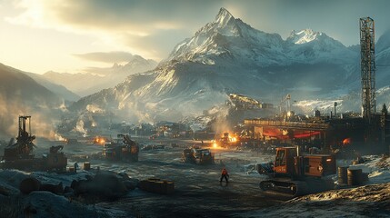 Himalayan mining operation at sunset with heavy machinery and industrial activity © AGUNG