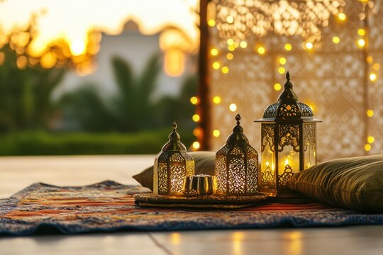 Cozy Ramadan gathering with warm lanterns, festive colors, and a serene sunset backdrop creating a joyful family atmosphere