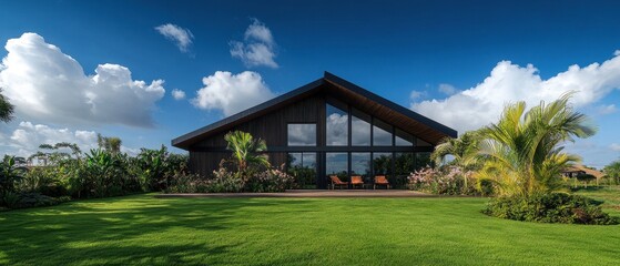 A modern architectural home surrounded by lush greenery under a clear blue sky.