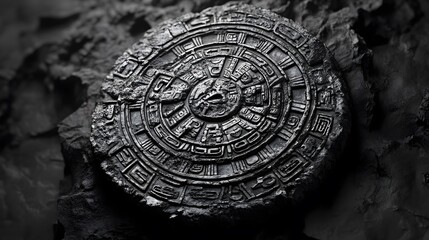 Obraz premium Ancient Stone Disc Carving Depicts Intricate Mayan Glyphs
