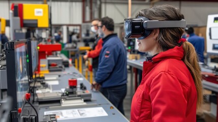 Female engineer wearing a vr headset collaborates with colleagues in a modern factory, interacting with virtual screens and machinery to enhance advanced manufacturing