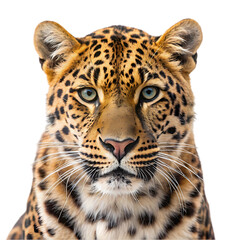Fototapeta premium Majestic Amur Leopard: Wild Beauty, Isolated on White. Perfect for wildlife documentaries, 