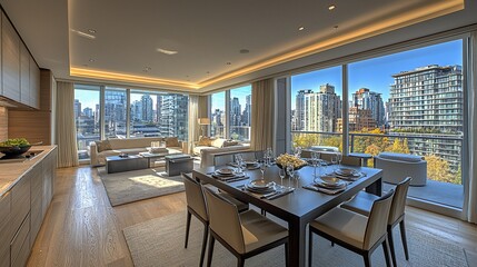 Fototapeta premium Modern apartment with city view, dining area, and living room.