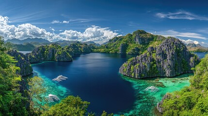 Obraz premium Scenic Island Lagoon Boats Lush Green Mountains Blue Sky