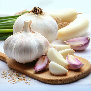 garlic on a wooden on white background