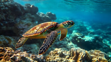 Obraz premium Stunning Sea Turtle Underwater Coral Reef Ocean Wildlife Nature Photography Tropical Aquatic Animal Vivid Colors Marine Life Beautiful Sea Turtle Swimming 
