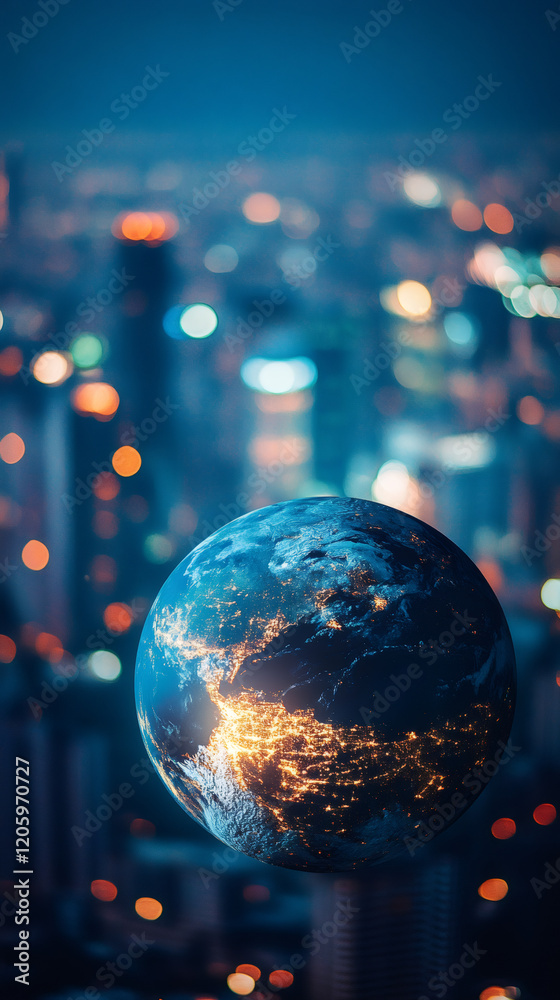 Aufkleber Glowing world map floating over nighttime urban skyline, symbolizing interconnected global networks and international digital communication