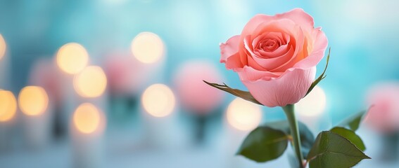 Delicate Pink Rose Amid Soft Candlelight Natural Setting Floral Photography Romantic Atmosphere Close-Up Perspective