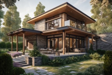Fototapeta premium Modern Stone and Wood House in Wooded Setting