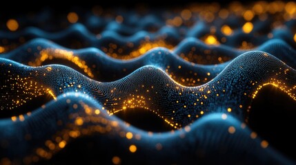 Obraz premium A digital representation of flowing waves with glowing particles, illustrating movement and energy.