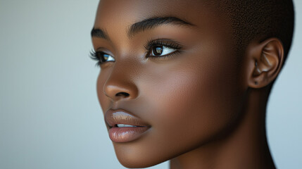 Naklejka premium Close-up portrait of a beautiful young Black woman. Her radiant skin and captivating gaze create a stunning image, perfect for beauty, fashion, or editorial use.