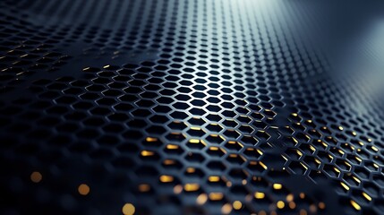 Abstract black metal grid with golden light glowing through the hexagonal pattern