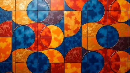 Abstract Geometric Pattern with Interlocking Circles and Semicircles in Bold Primary Colors