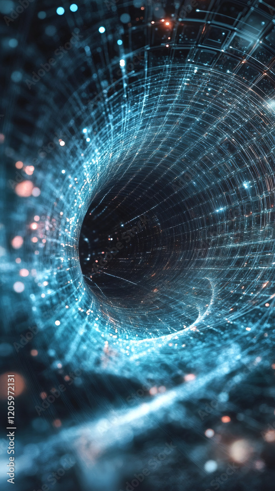 Aufkleber glowing particles swirling through digital network grid tunnel vortex with blue and orange bokeh lig