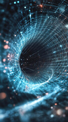 Glowing particles swirling through digital network grid tunnel vortex with blue and orange bokeh lights