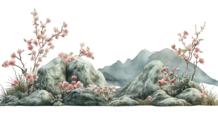 Qingming Festival artwork of a scenic river landscape, traditional Chinese holiday, isolated on white, PNG file
