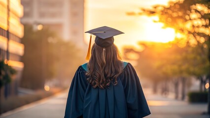  A graduate in a black cap and gown stands facing a golden sunrise, symbolizing new beginnings. Perfect for motivational posters, graduation cards, and inspiring designs.