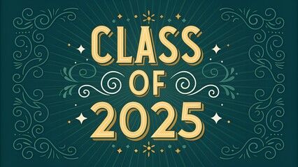 Elegant green typography with golden accents and decorative swirls celebrating "Class of 2025." Perfect for graduation posters, cards, and social media.