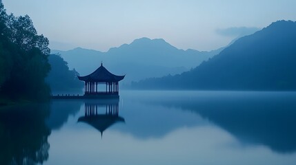 Fototapeta premium Serene Pavilion Reflecting on Misty Mountain Lake