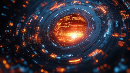 Obraz premium Abstract Futuristic Technology Tunnel with Glowing Orange and Blue Lights