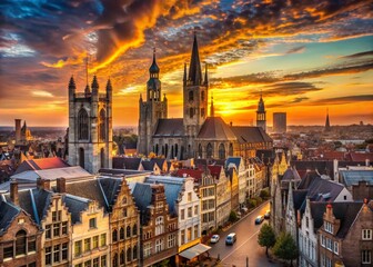 Obraz premium Ghent Sunset Cityscape: Saint Nicholas Church & Town Hall, Belgium