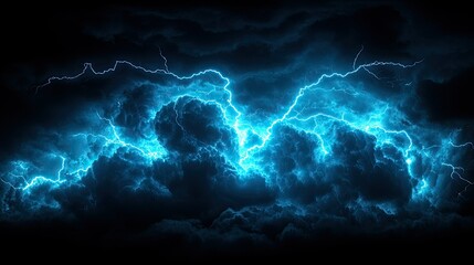 A dramatic display of blue lightning illuminating dark storm clouds.