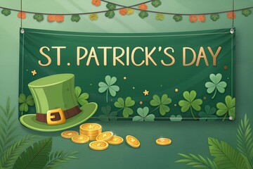  A green banner featuring shamrocks, a leprechaun hat, and gold coins, surrounded by clovers and festive lights. Perfect for celebrating St. Patrick's Day.