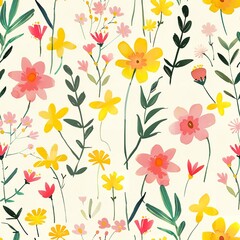 Pretty Watercolor Floral Seamless Pattern Yellow Pink Flowers Botanical Summer Design Elegant Spring Textile Fabric Background Illustration art soft  