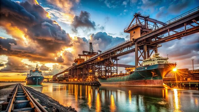 Gladstone Coal Port: Huge Cargo Ship Loading Iron Ore at Shipping Terminal - Industrial Maritime Scene