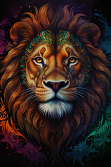 Majestic Symmetry: Tribal Lion Watercolor Art