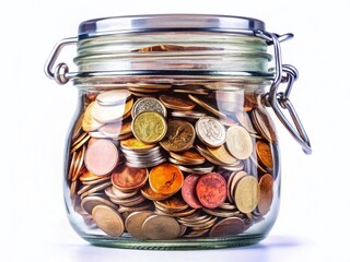 Glass Jar Filled with Coins, Money Savings Concept, White Background Stock Photo