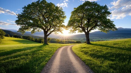 Two intertwined trees symbolizing enduring love in a landscape majestic natural setting serene viewpoint