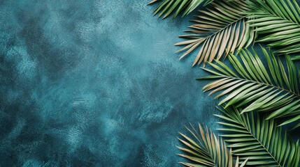 Tropical palm leaves on teal background.