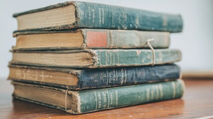 Exploring Vintage Literature A Stack of Old Books Cozy Study Room Warm Environment Close-up View Nostalgia and Knowledge