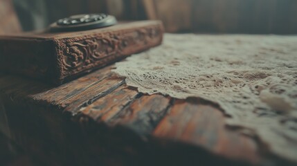 Naklejka premium Antique Book and Vintage Lace on Rustic Table Cozy Room Still Life Warm Atmosphere Close-up Nostalgia and Heritage