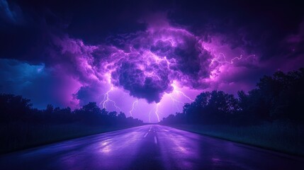 Fototapeta premium A dramatic storm scene with purple lightning illuminating a dark road under ominous clouds.