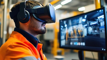 Industrial engineer wearing a vr headset, immersed in a virtual environment, analyzing machinery and production processes to enhance efficiency in a factory setting