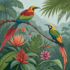 Vibrant birds of paradise depicted in stunning detail, showcasing vivid plumage.