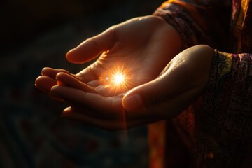 Hands in prayer illuminated by soft light, embodying spiritual connection in a calm Ramadan setting during evening prayer time