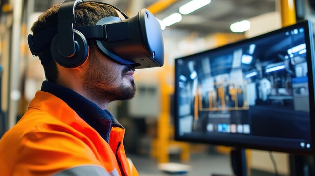 Industrial engineer wearing a vr headset, immersed in a virtual environment, analyzing machinery and production processes to enhance efficiency in a factory setting