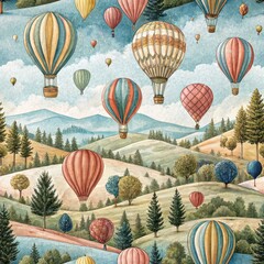Obraz premium Watercolor Hot Air Balloons Floating Over Rolling Hills and Lush Green Landscape