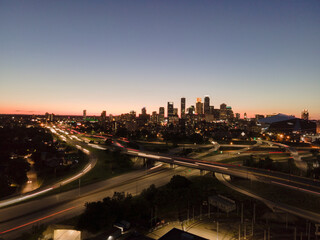 Minneapolis skyline at dusk with light trails