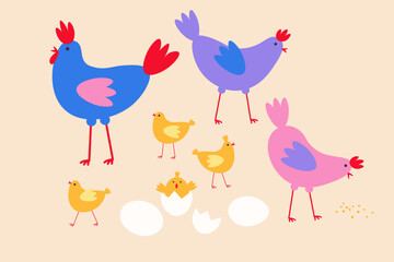 Hand drawn Doodle with cute Chickens, hens, rooster, eggs for text. Festive background with farmer motive for Easter holiday, Birthday, Baby Shower, congratulation. Design for card, posters, flyer