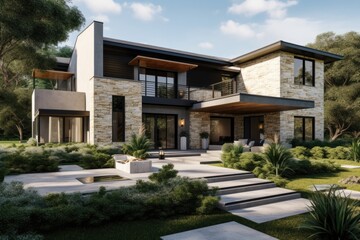 Modern Stone House with Landscaping and Patio
