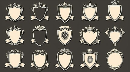 A collection of ornate shield designs with decorative elements and blank centers for customization.