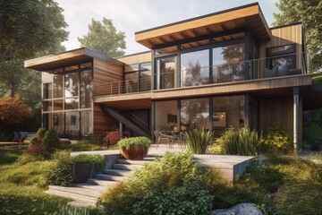 Fototapeta premium Modern Wooden House Amongst Lush Greenery