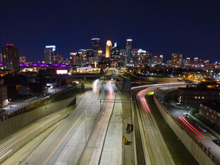 Minneapolis night skyline with highway lights