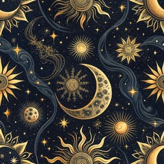 Celestial Gold Mystical Sun Moon Stars Seamless Pattern Design