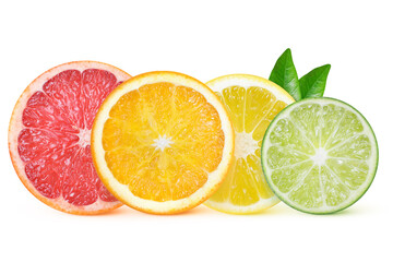 Citrus slices with leaves on isolated white background. Grapefruit, orange, lemon, lime.